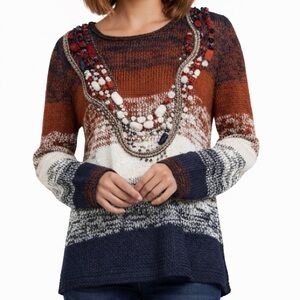 Oscar de la Renta Silk Embellished Crew Neck Sweater